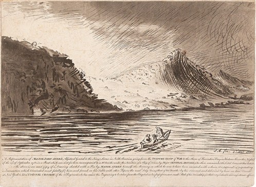 John André, A Representation of Major John André…going from the Vulture Sloop of War, aquatint, circa 1781.